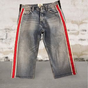 ZARA Denim Crop Jeans by TRF Expansion Inset Side Stripe Button Up Size 16”waist